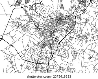 Mapa vectorial de la ciudad de Atlixco en México con carreteras negras aisladas en un fondo blanco.