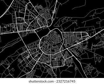 Stadtplan von Badajoz in Spanien mit weißen Straßen einzeln auf schwarzem Hintergrund.