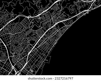 Mapa vectorial de la ciudad de Badalona en España con caminos blancos aislados en un fondo negro.