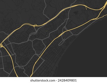 Vector city map of Badalona in Spain with yellow roads isolated on a brown background.