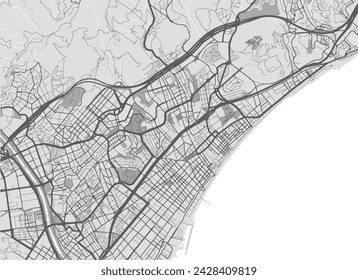 Vector city map of Badalona in Spain with black roads isolated on a grey background.