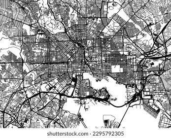 Stadtplan von Baltimore Maryland in den Vereinigten Staaten von Amerika mit schwarzen Straßen einzeln auf weißem Hintergrund.