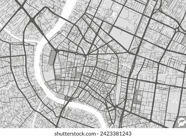 Vector city map of Bangkok old town in Thailand with black roads isolated on a grey background.