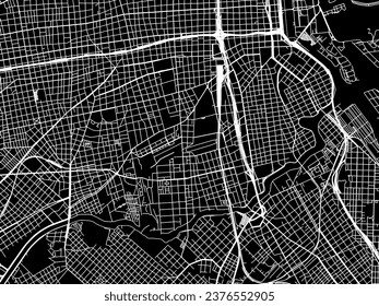 Mapa vectorial de Barracas en Argentina con caminos blancos aislados en un fondo negro.