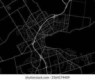 Vector city map of Barrie Ontario in Canada with white roads isolated on a black background.