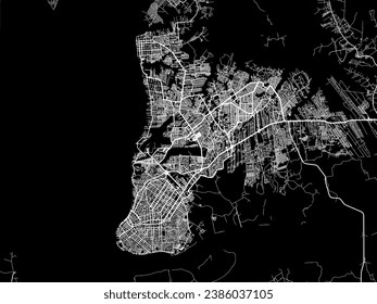 Mapa vectorial de Belem en Brasil con caminos blancos aislados en un fondo negro.