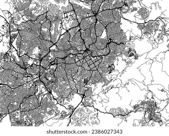 Mapa vectorial de Belo Horizonte en Brasil con carreteras negras aisladas en un fondo blanco.