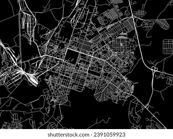 Mapa vectorial de Berezniki en la Federación Rusa con caminos blancos aislados en un fondo negro.