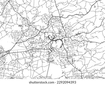 Mapa vectorial de la ciudad de Bergisch Gladbach en Alemania con carreteras negras aisladas en un fondo blanco.
