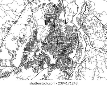 Vector city map of Bhubaneswar in the Republic of India with black roads isolated on a white background.