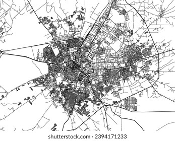 Vector city map of Bikaner in the Republic of India with black roads isolated on a white background.