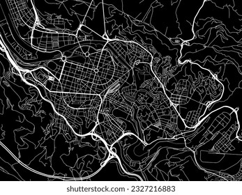 Mapa vectorial de Bilbao en España con carreteras blancas aisladas en un fondo negro.