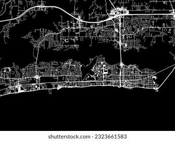 Mapa de la ciudad vectorial de Biloxi Mississippi en los Estados Unidos de América con caminos blancos aislados en un fondo negro.