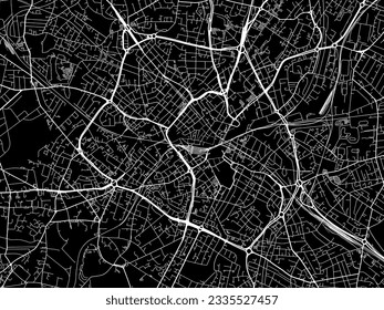Mapa de la ciudad vectorial del Centro de Birmingham en el Reino Unido con carreteras blancas aisladas en un fondo negro.