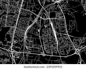 Mapa vectorial de Biryulevo en la Federación Rusa con caminos blancos aislados en un fondo negro.