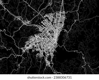 Mapa de la ciudad vectorial de Bogotá en Colombia con caminos blancos aislados en un fondo negro.