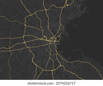 Vector city map of Boston Metro Massachusetts in the United States of America with yellow roads isolated on a brown background.