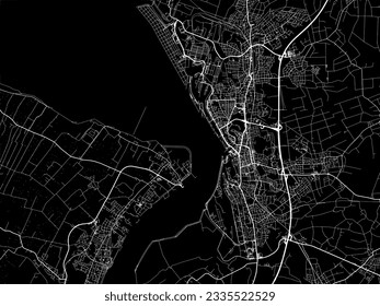 Mapa de la ciudad vectorial de Bremerhaven en Alemania con carreteras blancas aisladas en un fondo negro.