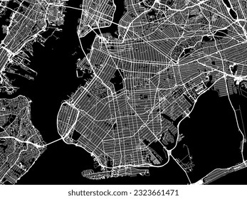 Vector city map of Brooklyn New York in the United States of America with white roads isolated on a black background.
