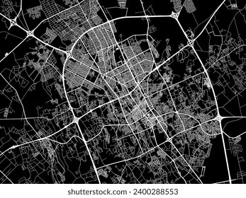 Mapa vectorial de Buraydah en Brasil con caminos blancos aislados en un fondo negro.