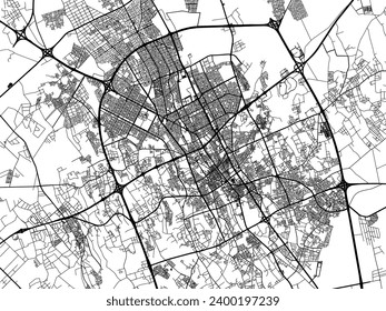 Mapa vectorial de Buraydah en el Reino de Arabia Saudita con caminos negros aislados en un fondo blanco.