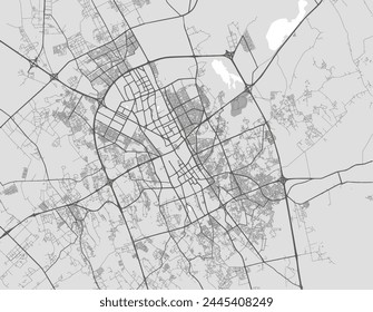 Vector city map of Buraydah in the Kingdom of Saudi Arabia with black roads isolated on a grey background.