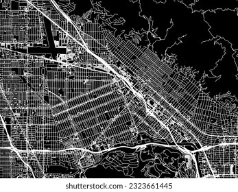 Vector city map of Burbank California in the United States of America with white roads isolated on a black background.