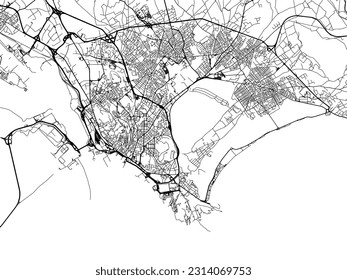 Vector city map of Cagliari in Italy with black roads isolated on a white background.