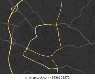 Vector city map of Caldas da Rainha in Portugal with yellow roads isolated on a brown background.