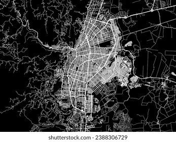 Vector city map of Cali in Colombia with white roads isolated on a black background.