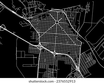 Mapa vectorial de Campana en Argentina con caminos blancos aislados en un fondo negro.