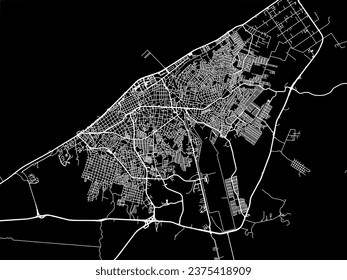 Mapa vectorial de Campeche en México con caminos blancos aislados en un fondo negro.