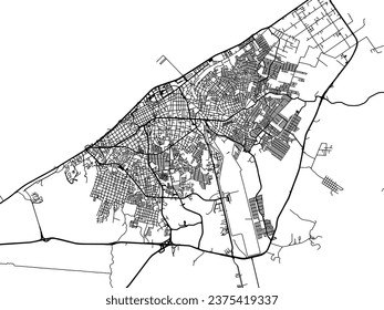 Mapa vectorial de Campeche en México con caminos negros aislados en un fondo blanco.