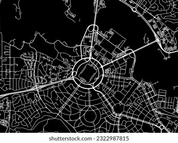 Vector city map of Canberra center in Australia with white roads isolated on a black background.