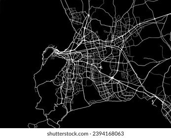 Stadtplan von Kapstadt in Südafrika mit weißen Straßen einzeln auf schwarzem Hintergrund.