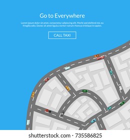 Vector city map with cars aerial top view from above illustration. Town map flat style