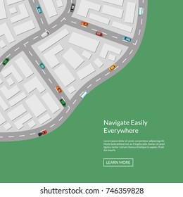 Vector city map with cars aerial top view from above illustration. City road map top, street urban town with transport