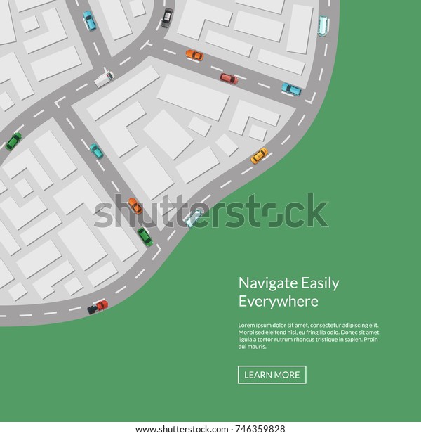 Vector\
city map with cars aerial top view from above illustration. City\
road map top, street urban town with\
transport