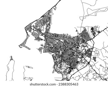 Vector city map of Cartagena in Colombia with black roads isolated on a white background.