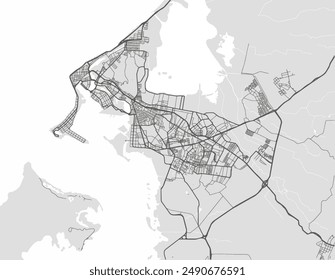 Vector city map of Cartagena in Colombia with black roads isolated on a grey background.