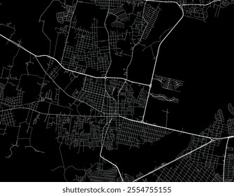 Vector city map of Caucaia in Brazil with white roads isolated on a black background.