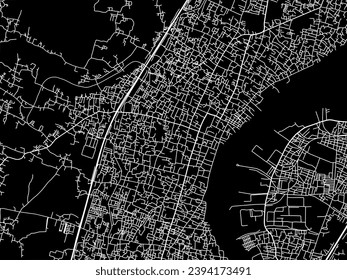 Vector city map of Chandannagar in the Republic of India with white roads isolated on a black background.