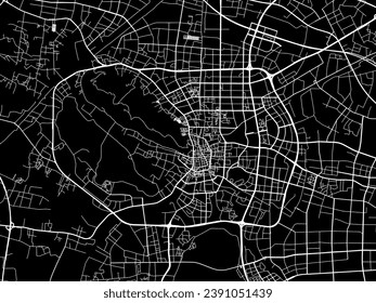 Mapa de la ciudad vectorial de Changshu en la República Popular China (RPC) con carreteras blancas aisladas en un fondo negro.