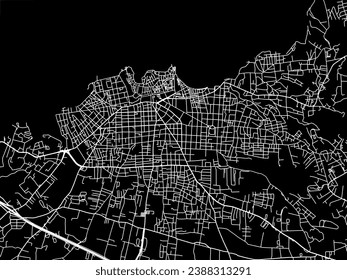 Vector city map of Chania in Greece with white roads isolated on a black background.