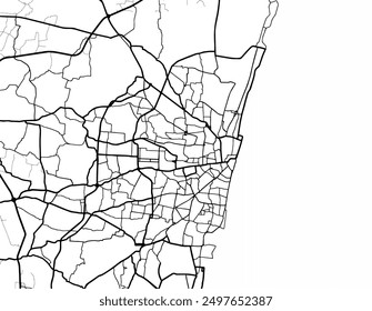 Vector city map of Chennai in the Republic of India with black roads isolated on a white background.