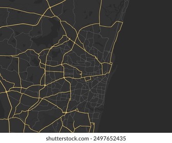 Vector city map of Chennai in the Republic of India with yellow roads isolated on a brown background.