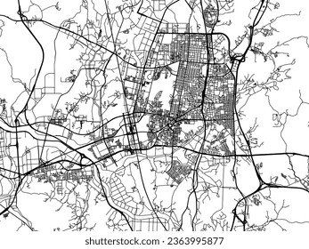 Mapa vectorial de la ciudad de Cheonan en Corea del Sur con carreteras negras aisladas en un fondo blanco.