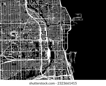 Vector city map of Chicago Center Illinois in the United States of America with white roads isolated on a black background.