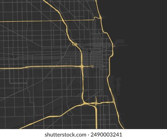 Vector city map of Chicago Center Illinois in the United States of America with yellow roads isolated on a brown background.