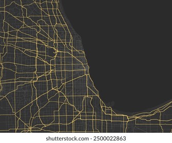 Vector city map of Chicago Metro Illinois in the United Stated of America with yellow roads isolated on a brown background.